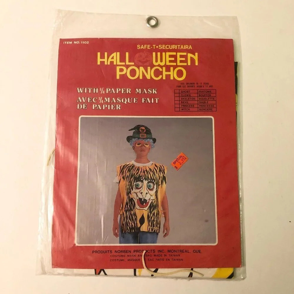 Vintage 1986 Halloween Poncho Witch Child Costume with Paper Mask Norben Tawain